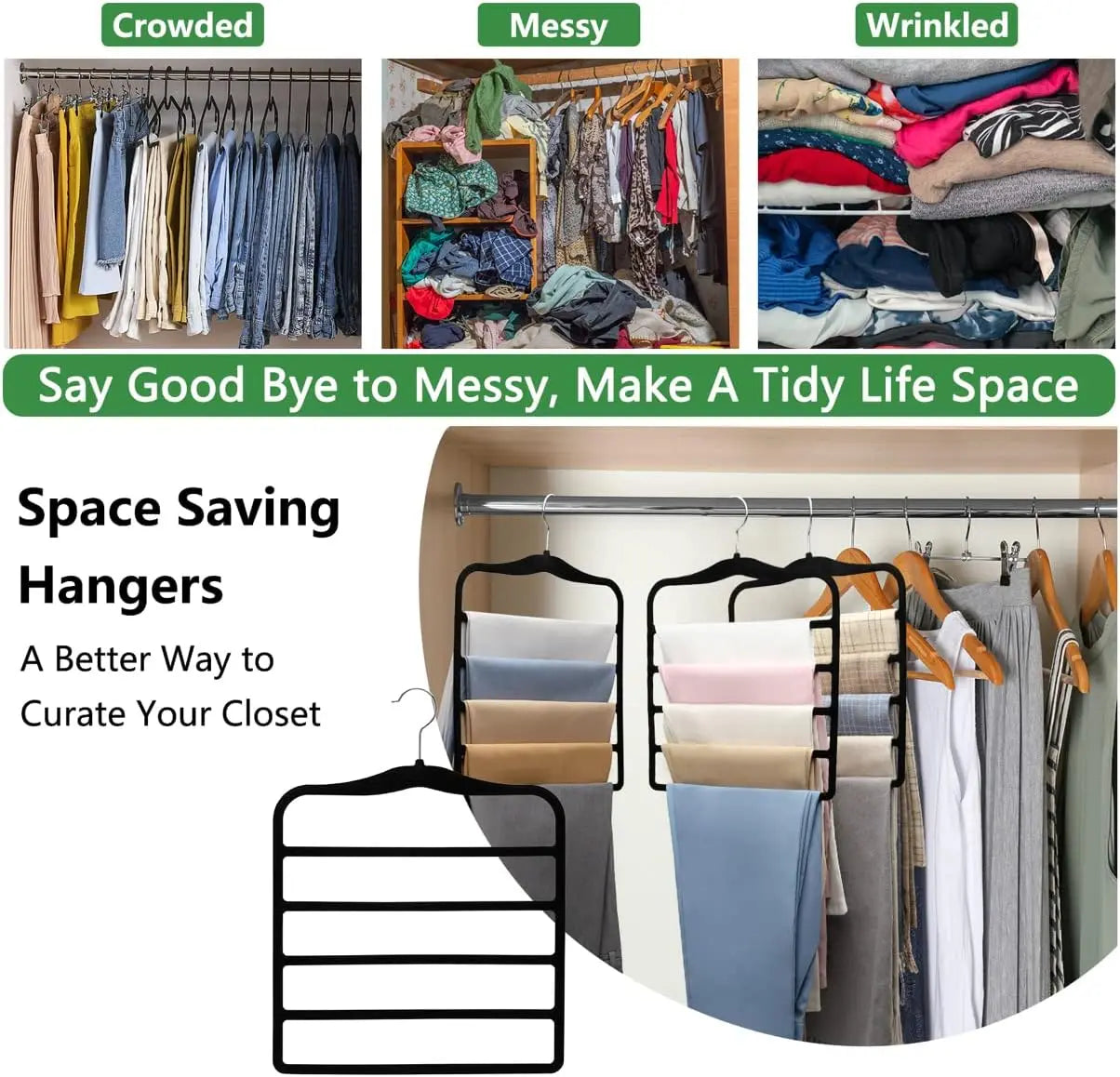 Space-saving hangers with text on a white background