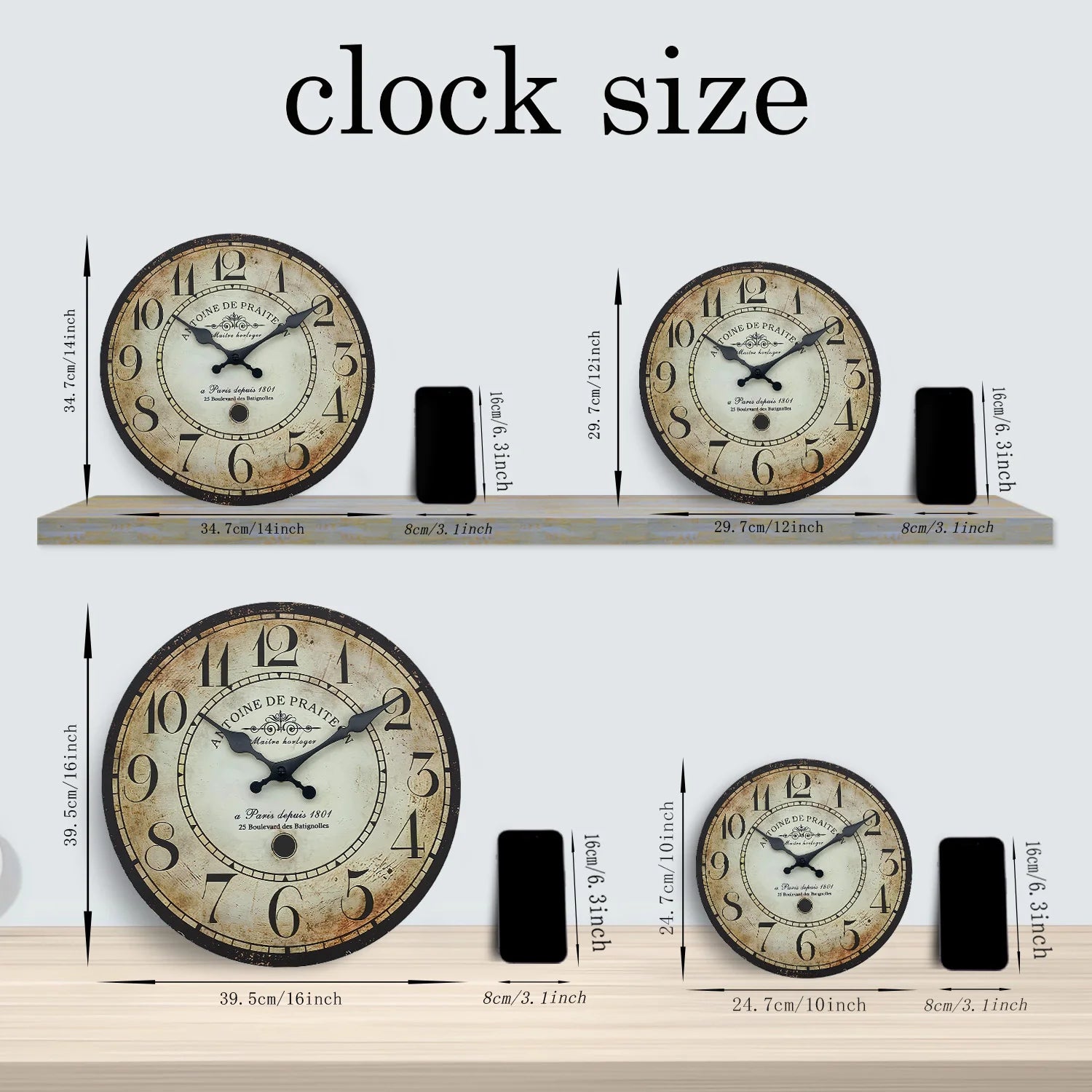 Retro“ Antoine De Praiteon a Paris Dehuis1801” Pattern Wooden Wall Clock Living Room Bedroom Kitchen Home Decoration Wall Clock Silent Quartz Clock Holiday Gift 10 Inches 12 Inches 14 Inches 16inch (Without Battery) Peaceful Pleasures Health and Wellness