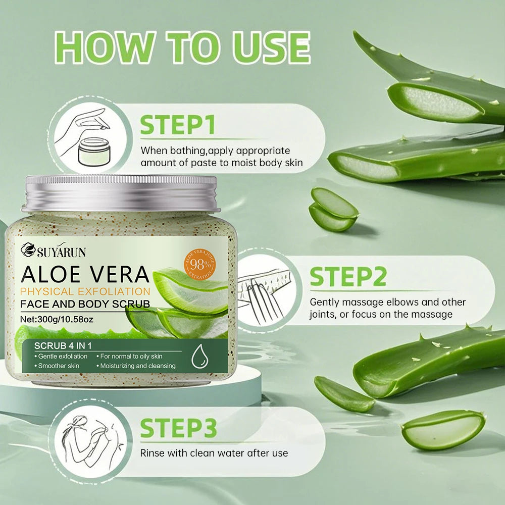 SUYARUN Natural Aloe Vera Exfoliating Scrub for Face & Body - Moisturizing Organic Formula, Gentle Skin Renewal 300g. Peaceful Pleasures Health and Wellness