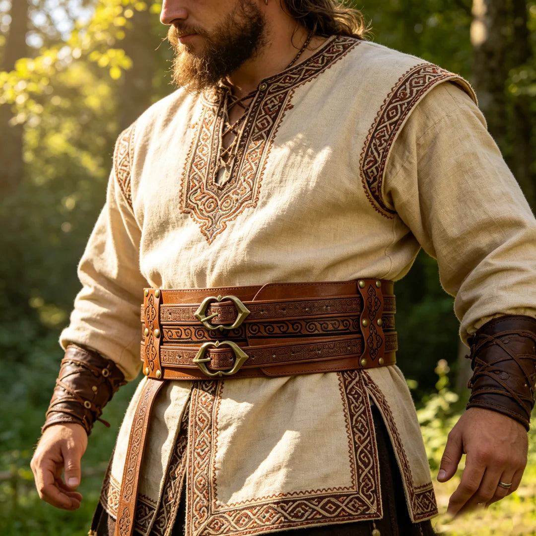 Viking Embossed Wide Waist Sash Medieval Double Buckle Leather