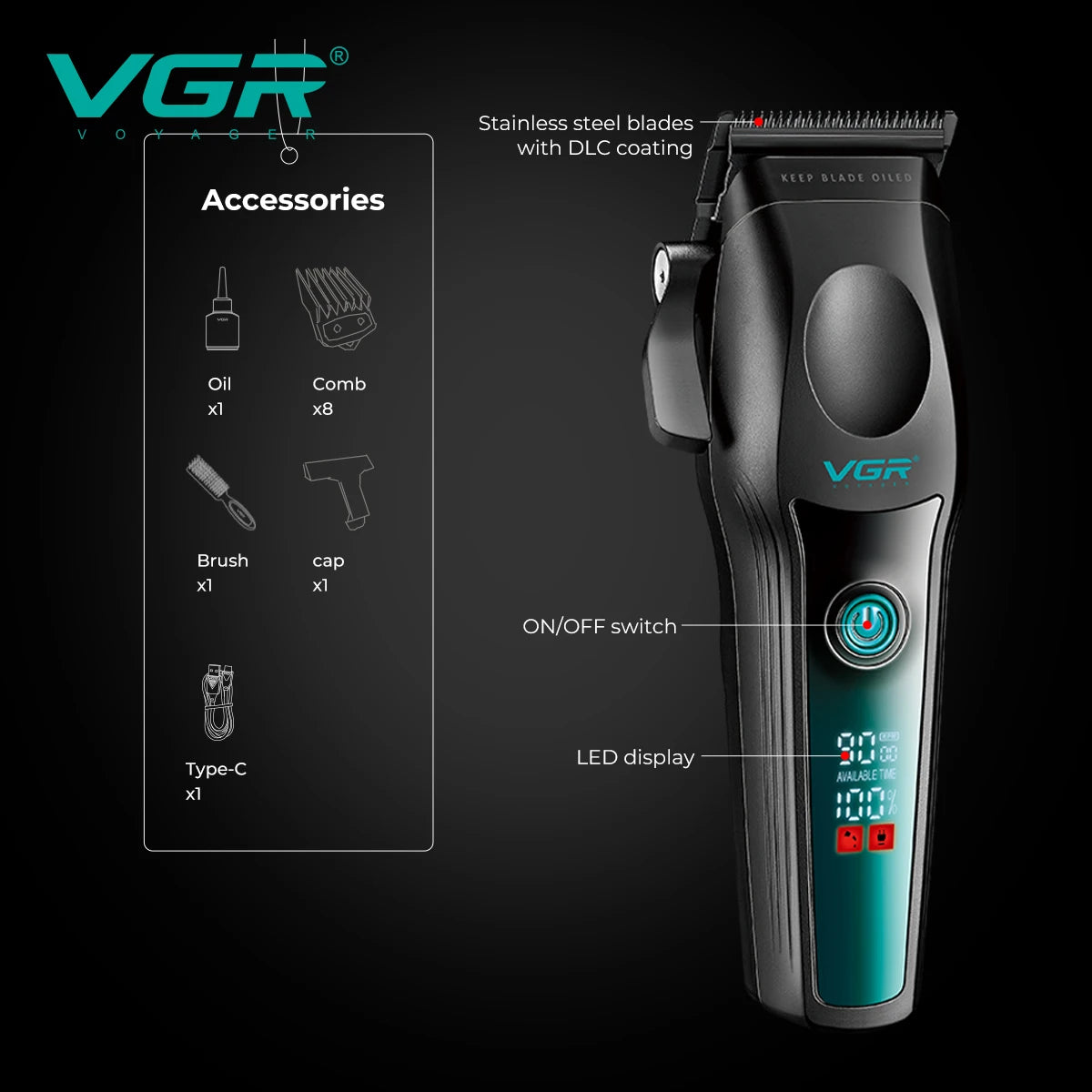 VGR New High end Hair Clipper Metal Body Titanium Alloy Sharp Blade Hair Trimmer LCD Intelligent Digital Shaving Machine V-195 Peaceful Pleasures Health and Wellness
