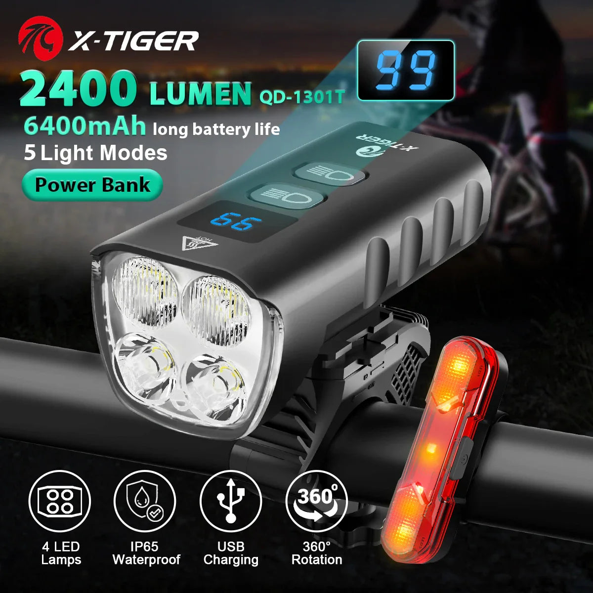 X-TIGER 2400LM Rechargeable Bike Light – 6400mAh LED Headlight