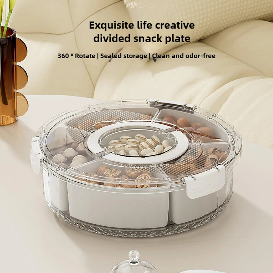 Rotating Divided Serving Tray with Lid & Handle – Large Snack Spinner & Multi-Purpose Food Platter