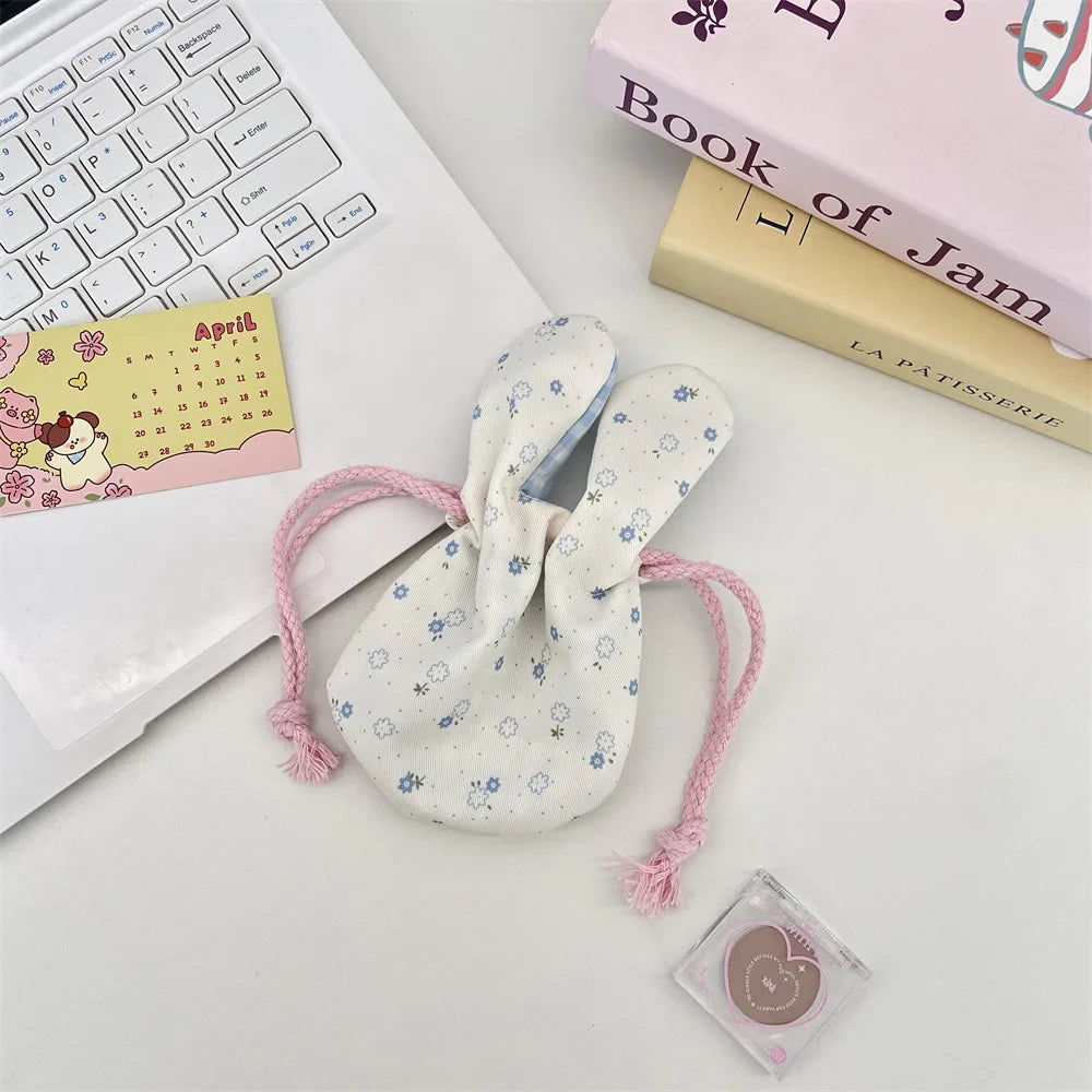 Cute Rabbit Ear Floral Drawstring Storage Bag Outdoor Portable