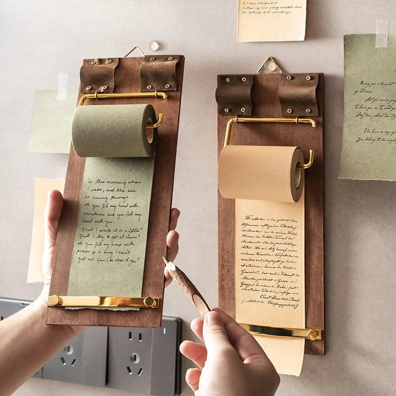 Retro Wooden Memo Pad Holder – Hangable Roll Paper Notebook
