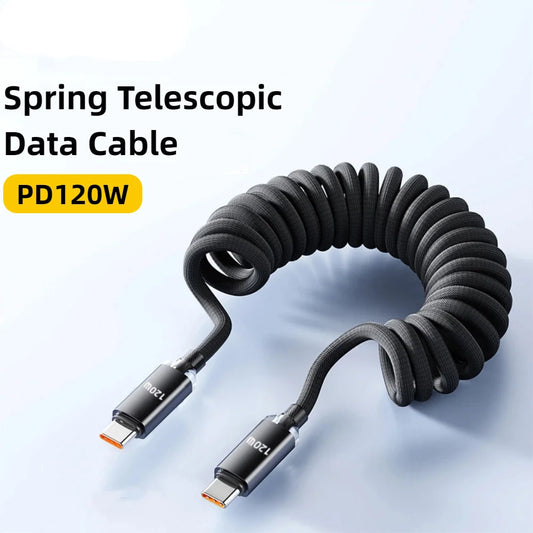 120W Retractable USB-C Fast Charge Cable | Spring Coil, 1M & 2M USB-C Charging Cable Peaceful Pleasures Health and Wellness
