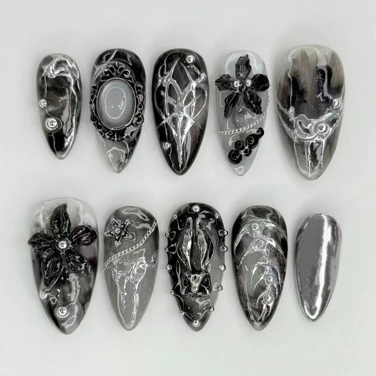Gothic Punk Style False Nails Press On Nails Halloween Party 3D Flowers Black Silver Resin Retro Fake Nail Art Wearable 24pcs Peaceful Pleasures Health and Wellness