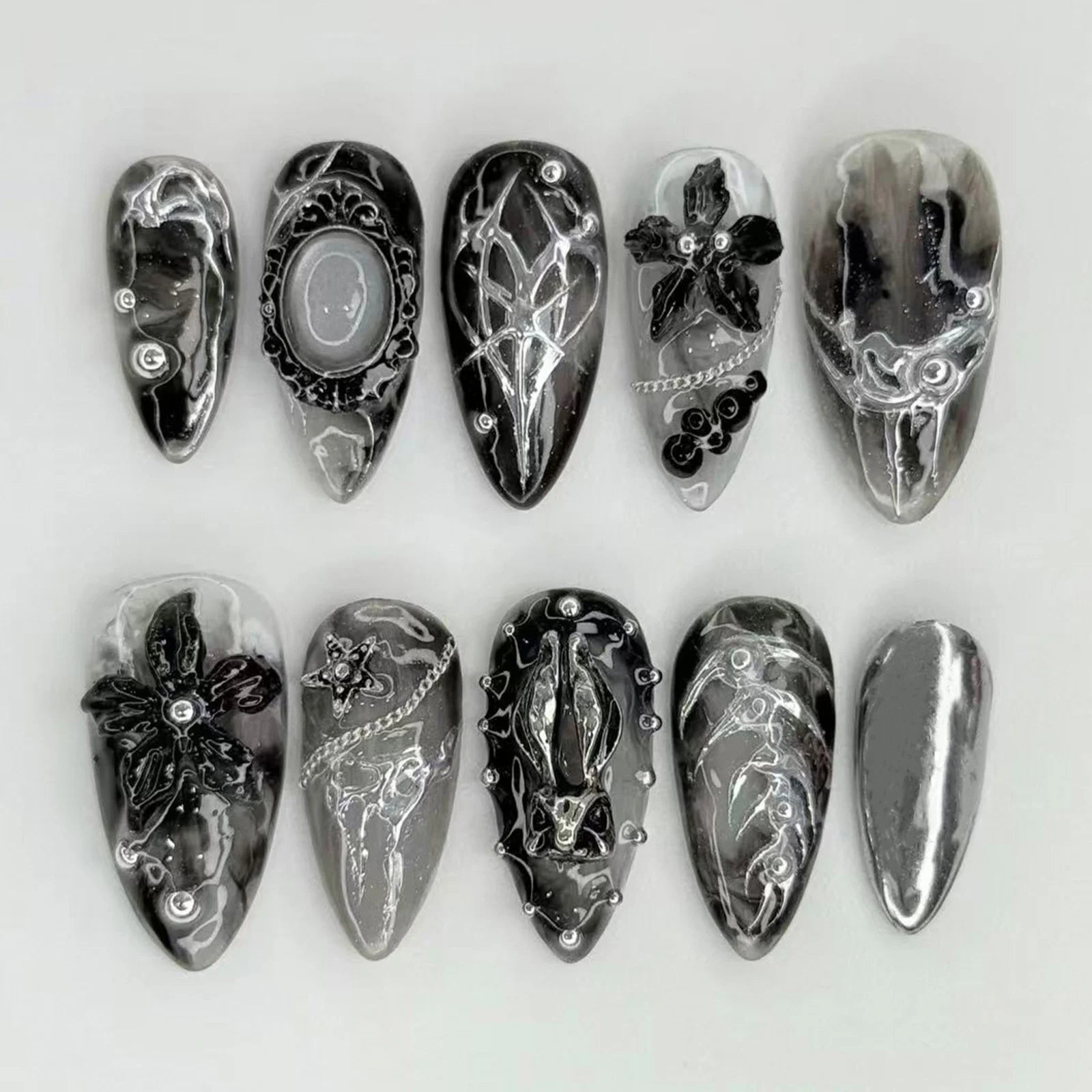 Gothic Punk Style False Nails Press On Nails Halloween Party 3D Flowers Black Silver Resin Retro Fake Nail Art Wearable 24pcs Peaceful Pleasures Health and Wellness