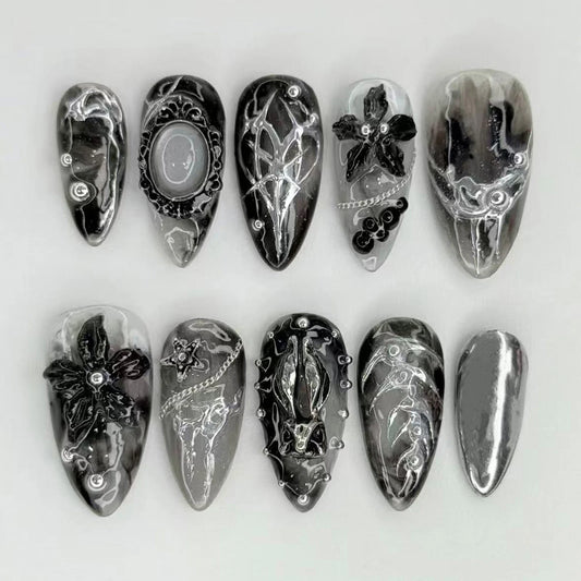 Gothic Punk Style False Nails Press On Nails Halloween Party 3D Flowers Black Silver Resin Retro Fake Nail Art Wearable 24pcs Peaceful Pleasures Health and Wellness