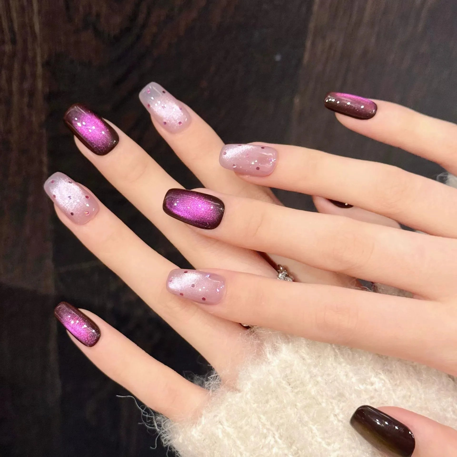 10pcs Handmade Elegant Purple Cat's Eye False Nails Press On Nails Light Luxury Ballet Fake Nails Wave Dot Designs Manicure Art Peaceful Pleasures Health and Wellness