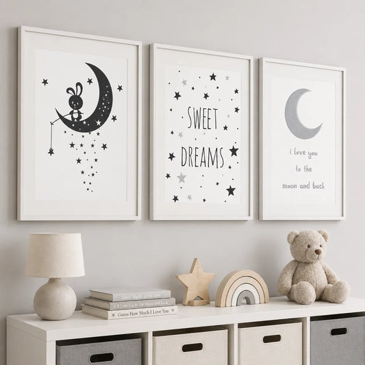 Black White Moon Star Nursery Canvas Wall Art – Kids Room Nursery Canvas Print Peaceful Pleasures Health and Wellness