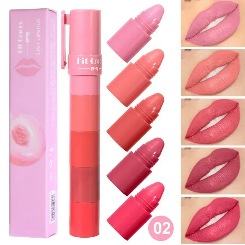 5-in-1 Matte Lipstick Crayon Set | Velvet Lip Tint Kit 5 Pcs