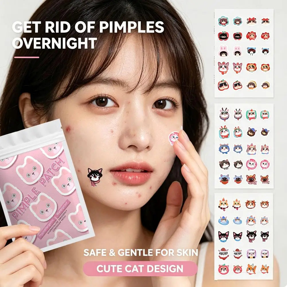 100pcs Cute Cat Pimple Patches Cartoon Acne Spot Covering Stickers Waterproof Breathable Skincare Stickers Invisible Makeup Tool Peaceful Pleasures Health and Wellness