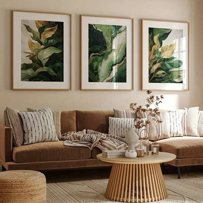 2D Flat 3pcs Green Abstract Painting Prints Art Decor, Green Art Wall Art Abstract Deco Prints Nature Decor Plant Prints Unframe Peaceful Pleasures Health and Wellness