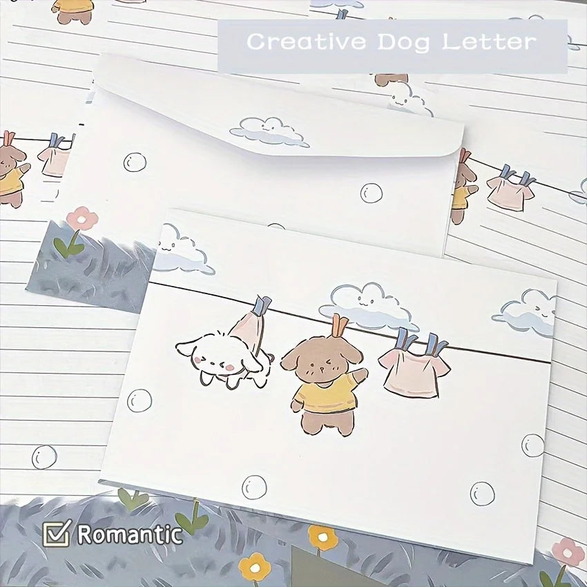 4 Charming Puppy Floral Letter Sets Envelopes Creative Handwritten
