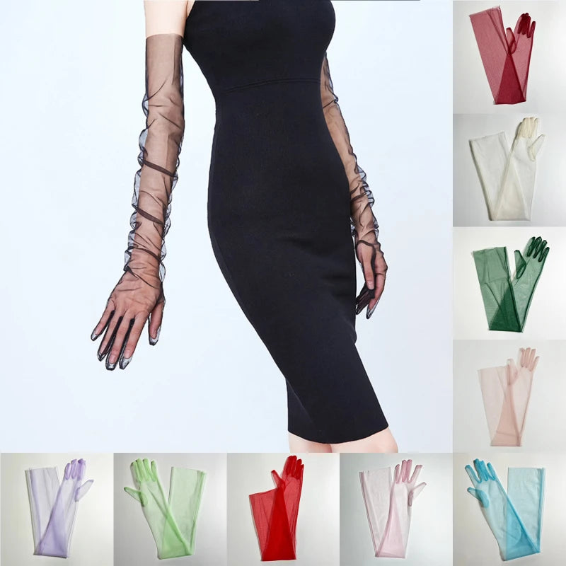 Women Ultra Tulle Gloves Mesh Sheers Full Finger Elbow Long Gloves Female Vintage Sunscreen Gloves Wedding Bride Dress Mittens Peaceful Pleasures Health and Wellness