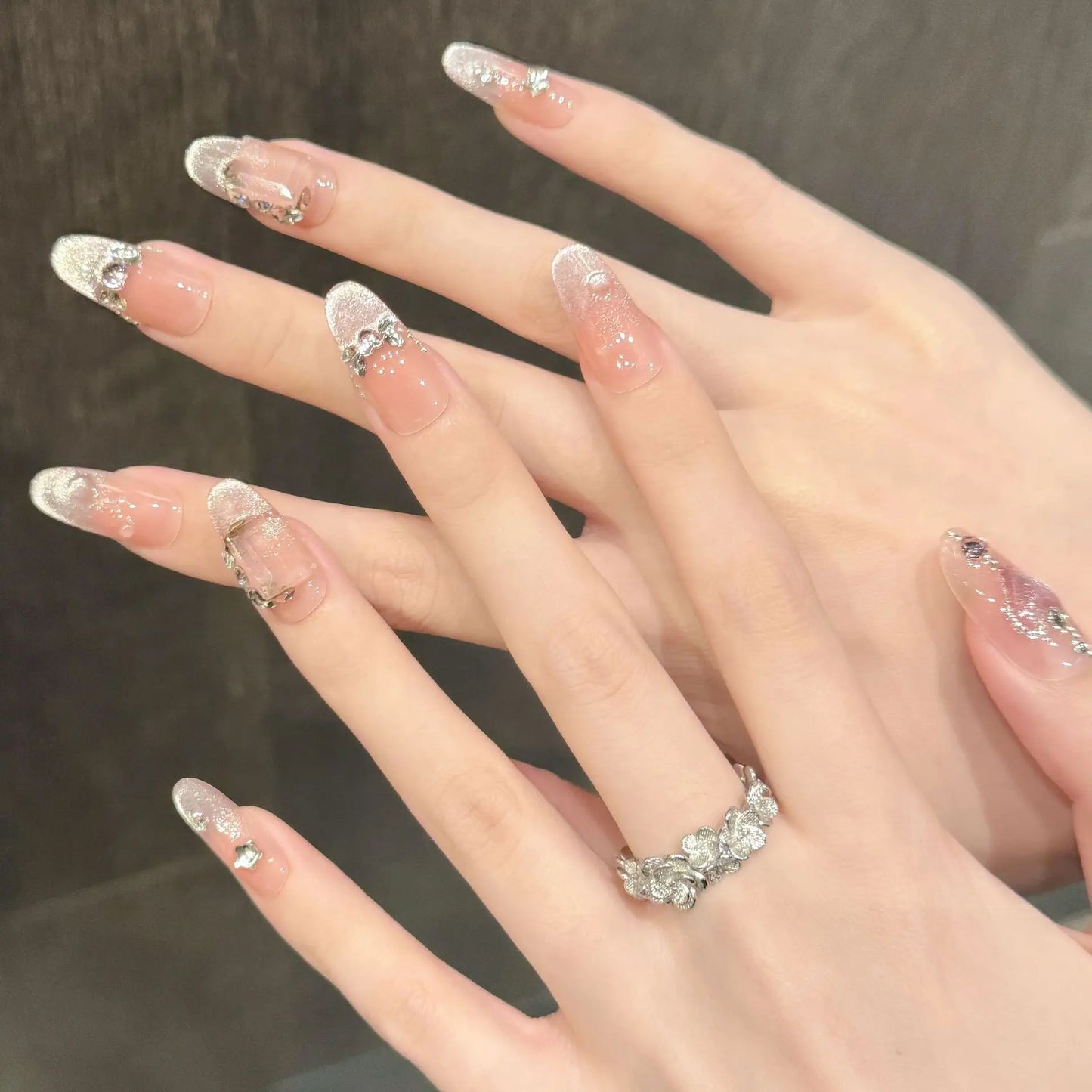 Pink Rhinestone Press On Nails – French Cat Eye 10pcs Set