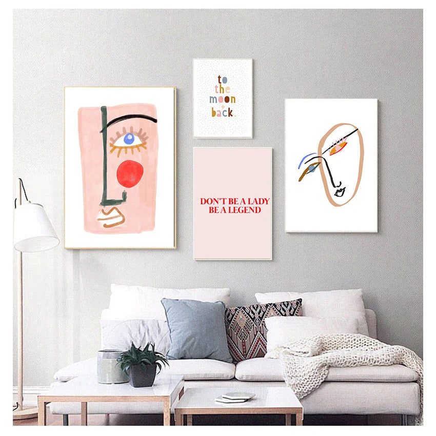 Pink Lucky You Nordic Abstract Line Face Canvas Wall Art