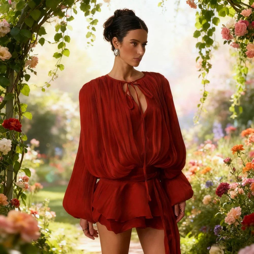 2025 New Stunning Fashion Trendy Shiny Ruffle Leaf Leaf Mini Dress Women's Chic Loose Hollow Ladies Summer Party Dress Peaceful Pleasures Health and Wellness