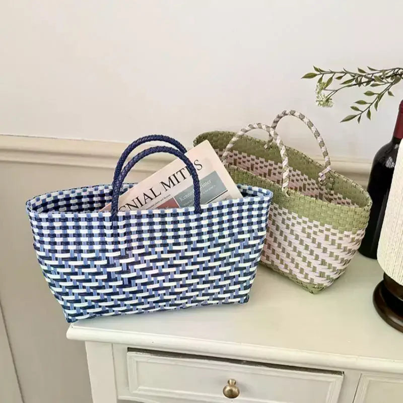 PVC Woven Beach Tote Bag | Boho Large Capacity Basket Bag
