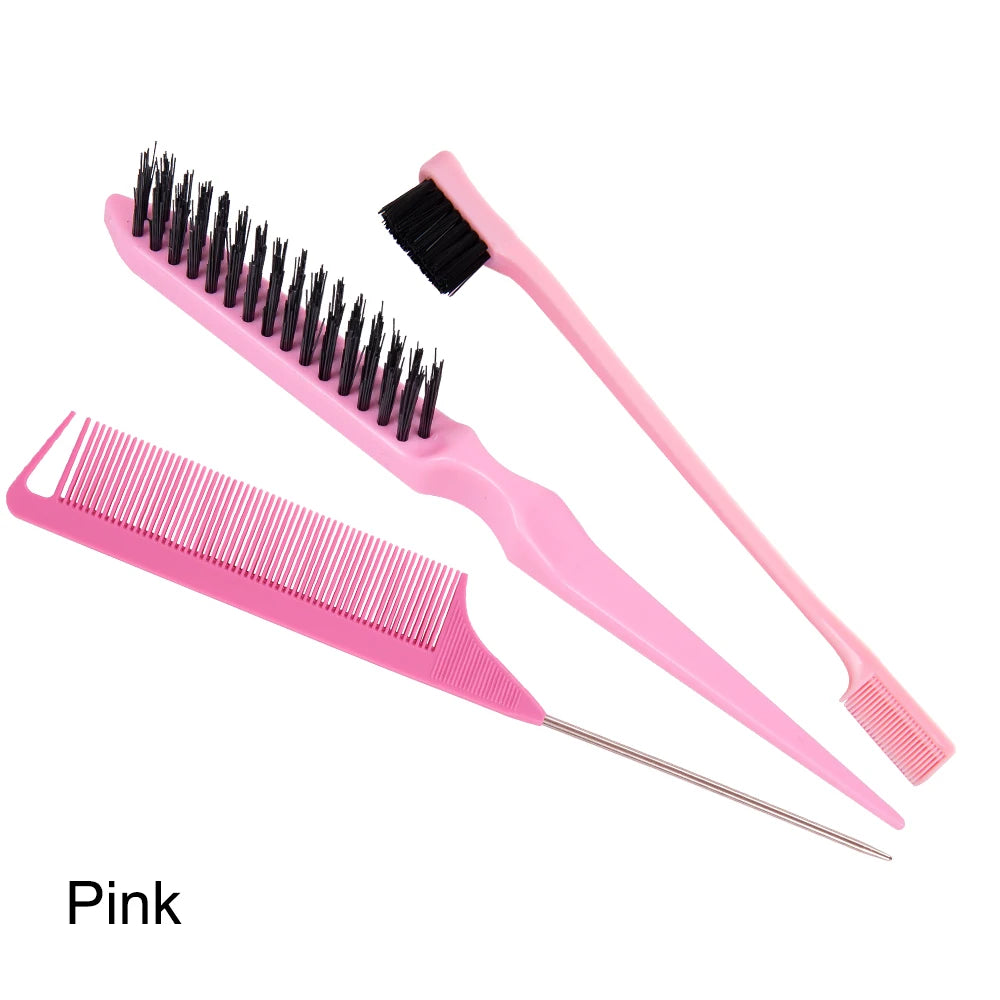 3 Piece Women's Hair Styling Brush Set Teasing Fluffy Rat Tail Comb Triple Teasing Curly Hair Accessories for Fluffy Volume Peaceful Pleasures Health and Wellness Pink