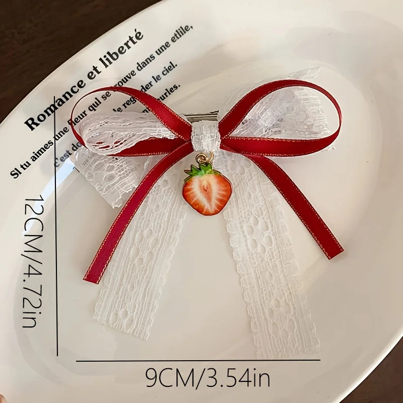 Lace Bow Strawberry Hair Clips – Set of 2 Cute Barrettes Hair Accessories Peaceful Pleasures Health and Wellness
