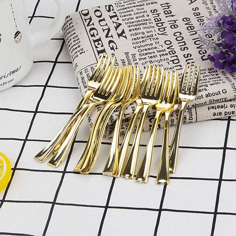 24-Piece Gold Disposable Plastic Spoons & Forks Party Set Disposable Flatware Set Peaceful Pleasures Health and Wellness