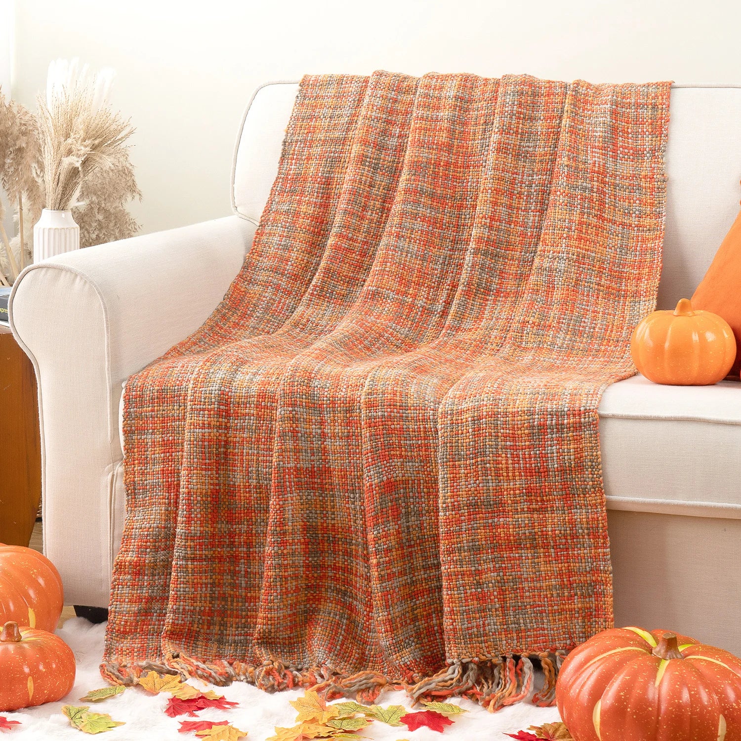 Battilo Orange Boho Throw Blanket With Tassels Colorful Cable Knitted Blankets For Bed Fall Decorative Sofa Blanket Home Decor Peaceful Pleasures Health and Wellness