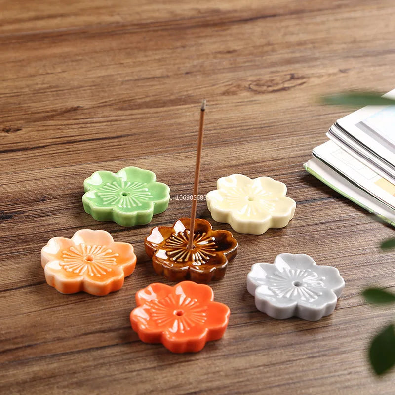 Ceramic Cherry Blossom Incense Holder Wax Melt Burner Holder Aromatherapy Office Teahouse Living Room Ornament Insence Burner Peaceful Pleasures Health and Wellness