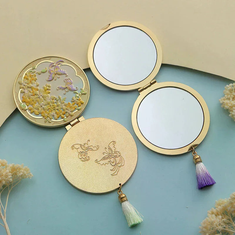 Chinese Style Metal Folding Makeup Mirror with Tassel | Portable