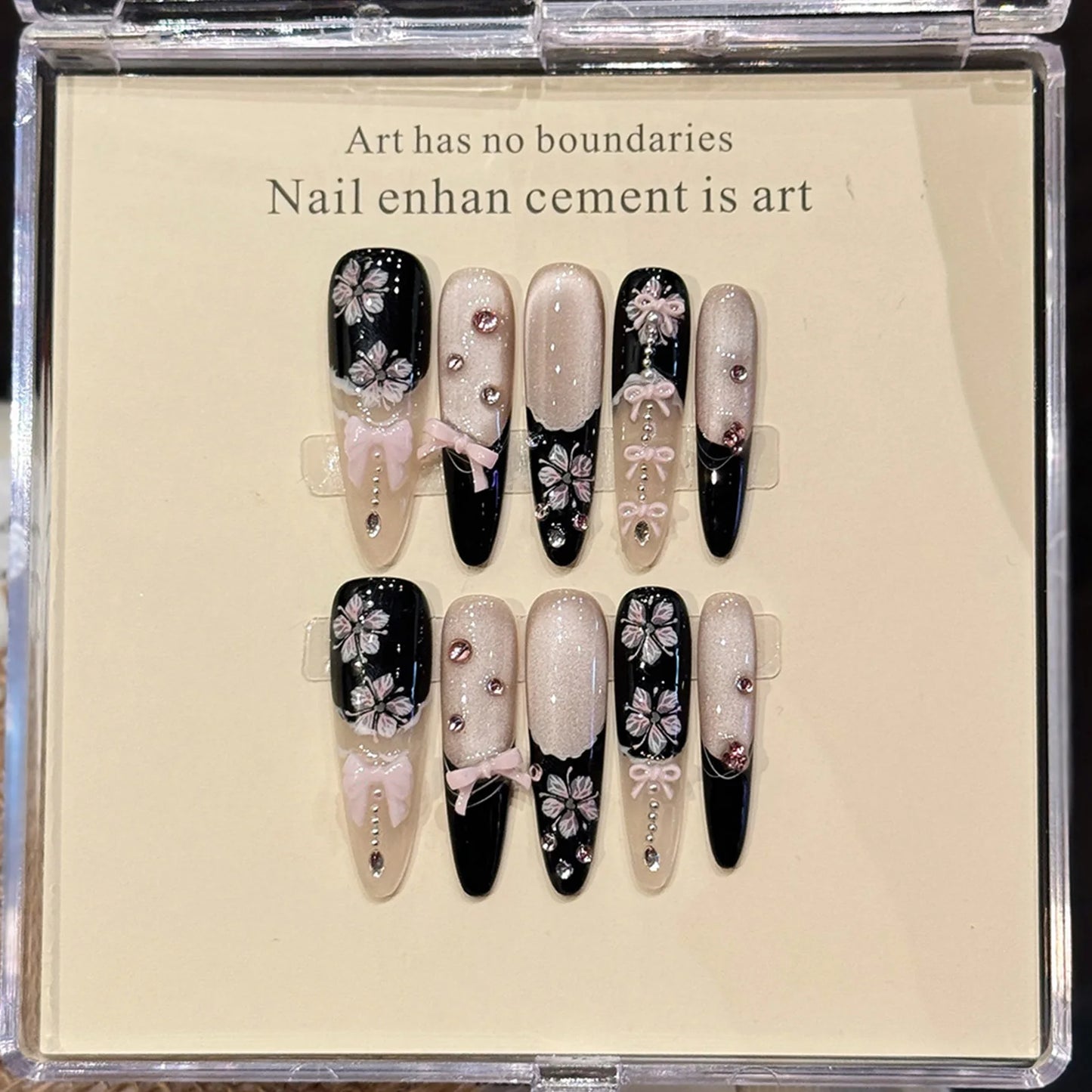 10pcs Handmade Press on Nails French Cat Eye Pink Bow Decor Korean False Nails Wearable Full Cover Ins Almond False Nail Tips Peaceful Pleasures Health and Wellness XS 6