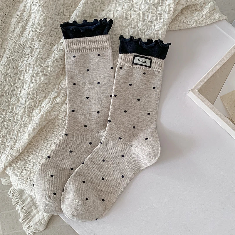 Socks For Women New Dots Cute Frilly Casual Fashion Long Socks Breathable Preppy Style Ladies Novelties Socks Cotton Soft Comfy Peaceful Pleasures Health and Wellness Oat One Size