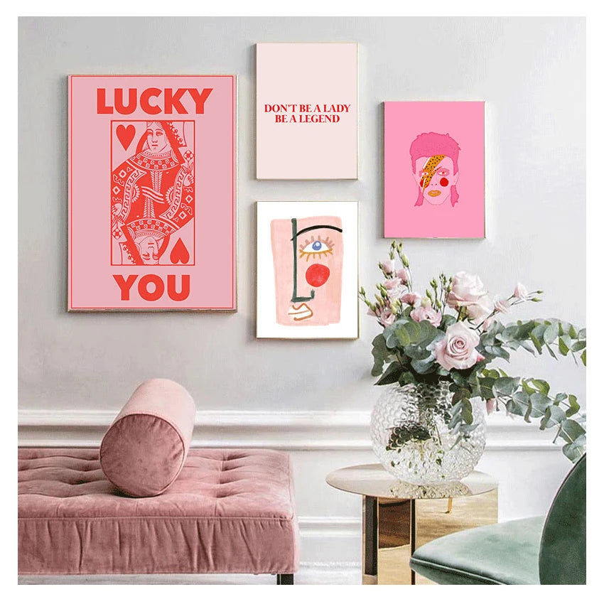 Pink Lucky You Nordic Abstract Line Face Canvas Wall Art