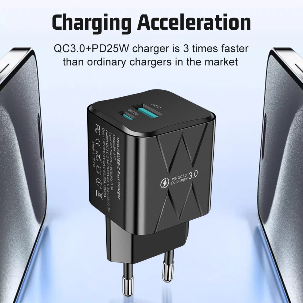25W PD QC3.0 Dual Port Fast Charger USB-C Travel Adapter