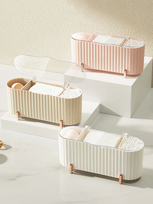1Pcs 3-Compartment Cosmetic Cotton Storage Box Transparent Dustproof Covered Cosmetic Cotton Desktop Storage Box Peaceful Pleasures Health and Wellness