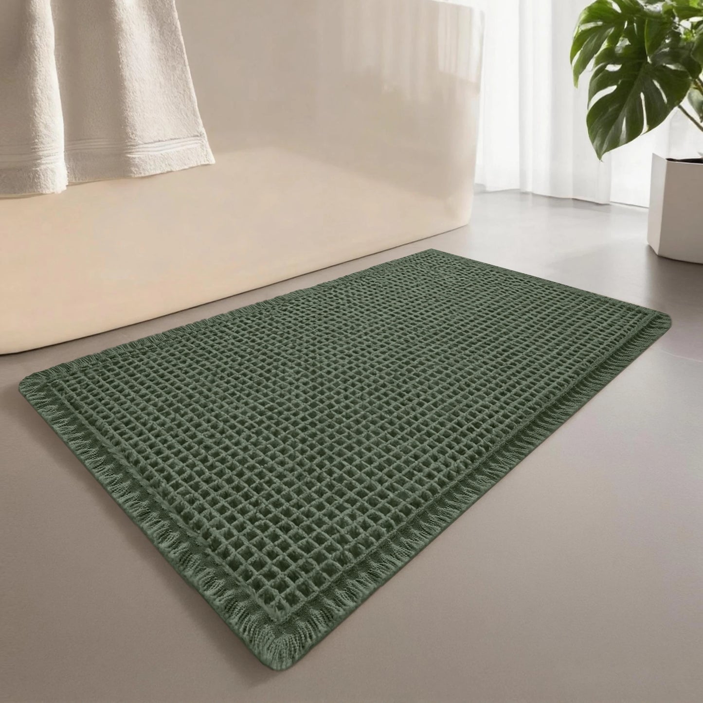 1PC Waffle Solid Color Bath Mat Washable Bathroom Rugs Anti-Slip Super Absorbent Soft Shower Mat for Home Bathroom Tub Shower Peaceful Pleasures Health and Wellness Green 46CMx77CM