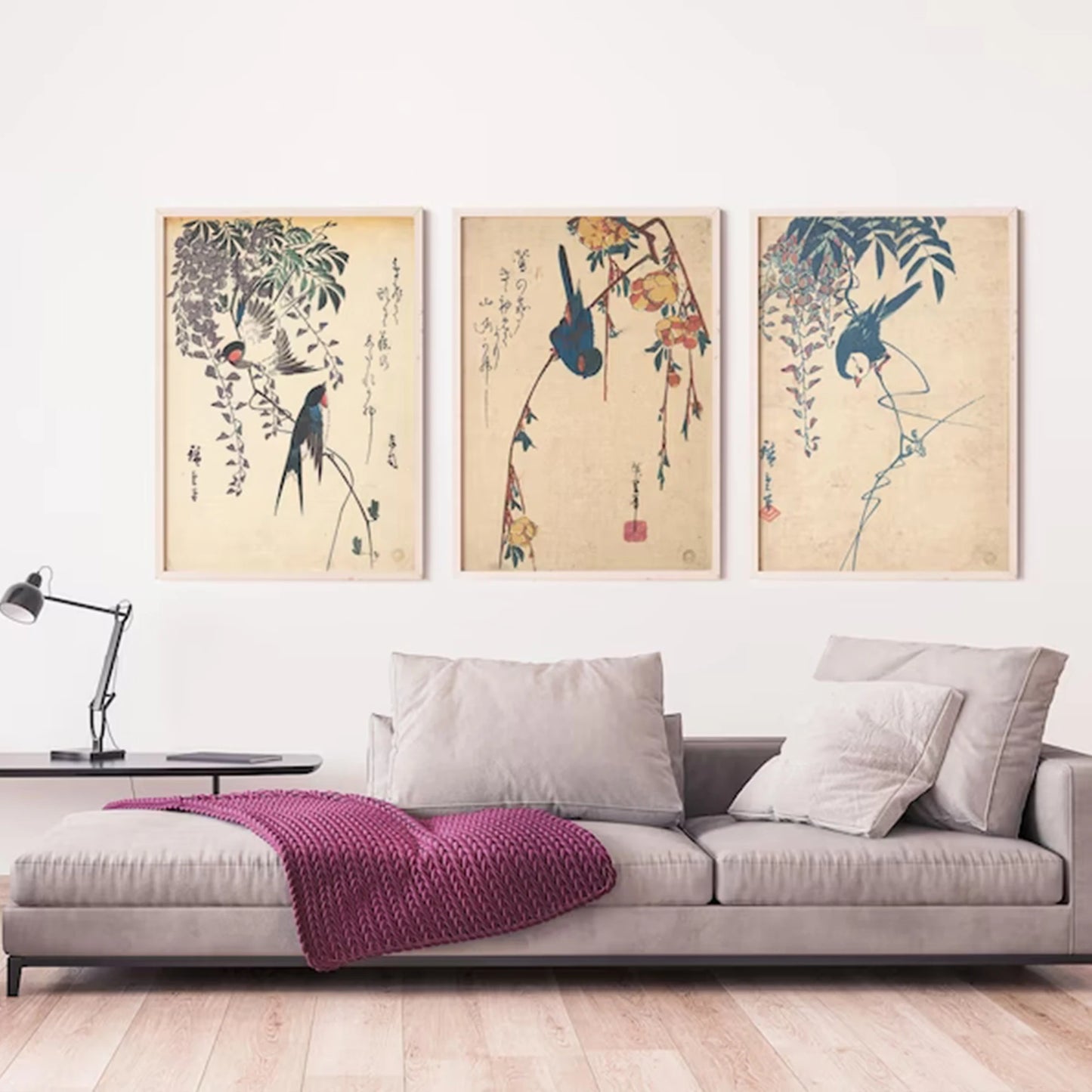 3-Piece Retro Minimalist Japanese Bird Canvas Wall Art Print
