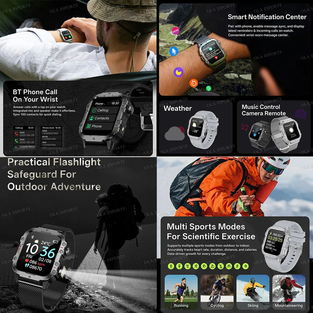 2026 Outdoors Durable Men Sports Smart Watch 1400mAh Battery LED Flashlight Waterproof Bluetooth Call Military Smartwatchs HW12 Peaceful Pleasures Health and Wellness