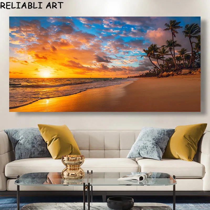 Modern Large Size Landscape Poster Wall Art Canvas Painting Sunset Beach Picture For Living Room Bedroom Home Decor No Frame Peaceful Pleasures Health and Wellness