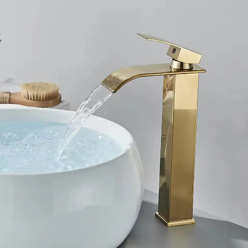 Brushed Gold Waterfall Bathroom Faucet | Single Handle Mixer