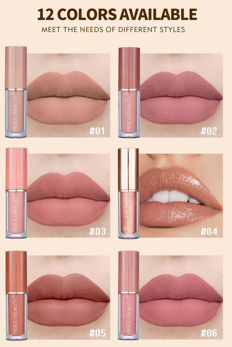 12-Color Liquid Matte & Pearl Lip Gloss Set | Long-Lasting