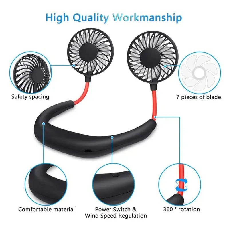 Mini neck cooling fan for outdoor sports, personal fan, mini portable neck-mounted hands-free quiet neck fan, USB charging Peaceful Pleasures Health and Wellness