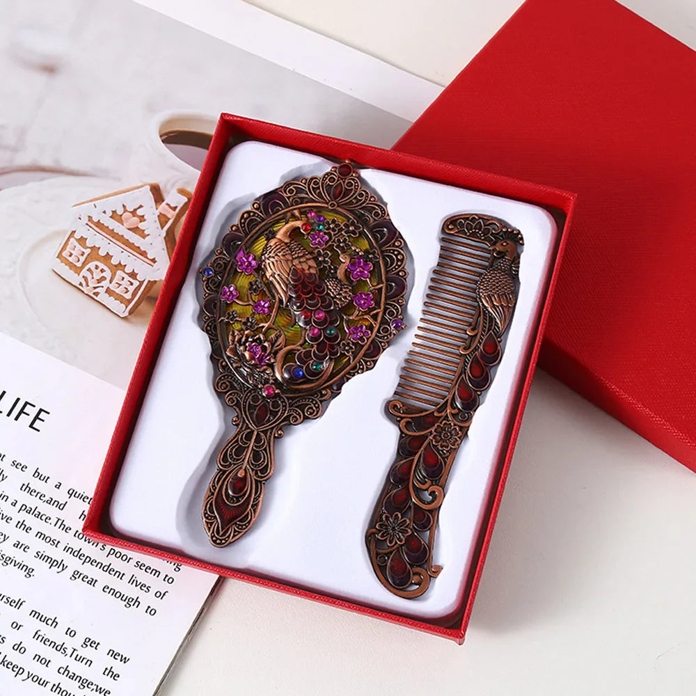 Peacock Embossed Metal Vanity Mirror & Comb Set – 2 Pcs