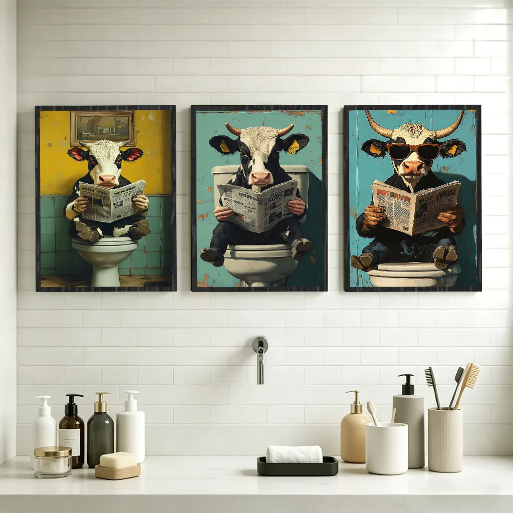 Retro Funny Cow Canvas Poster | Vintage Bathroom Wall Art Canvas Wall Art Peaceful Pleasures Health and Wellness