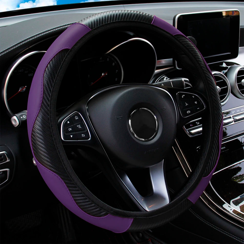 37-38cm Carbon Fiber PU Leather Steering Wheel Cover Anti-Slip