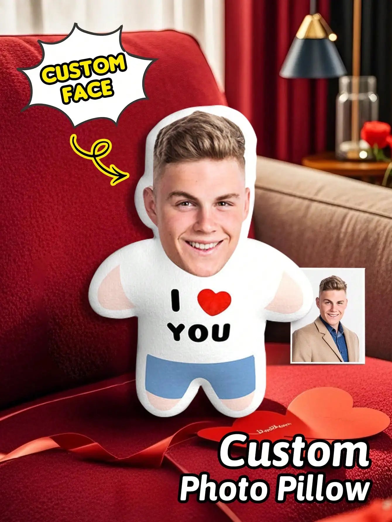 Custom Face Body Shape Pillow Personalized Photo Cushion with Face for Him Boyfriend Husband Gift Valentine Birthday Anniversary Peaceful Pleasures Health and Wellness I Love You 30cm