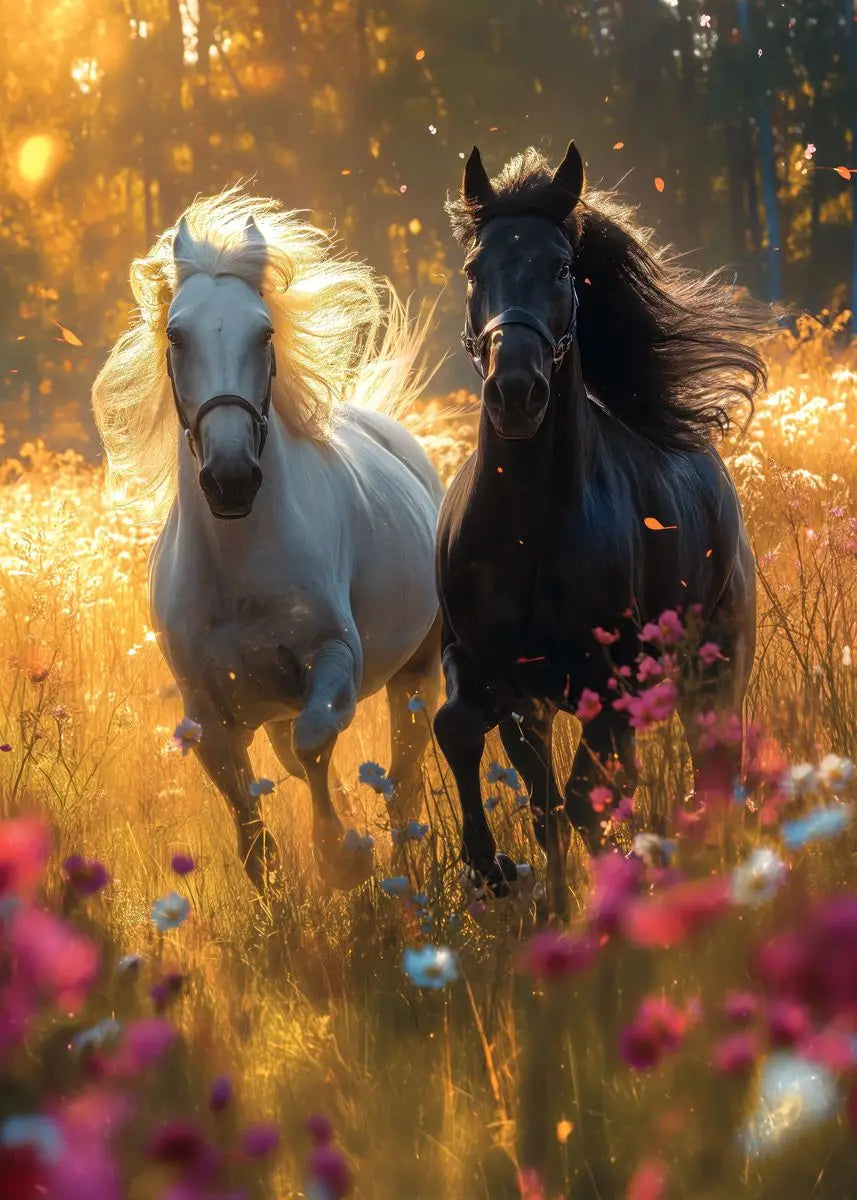 Black horse ， White Horse Canvas Painting,Posters and Prints, Wall ,,Animal Picture for Modern Living Room Home Decoration Peaceful Pleasures Health and Wellness by-10 50x70cm Unframed
