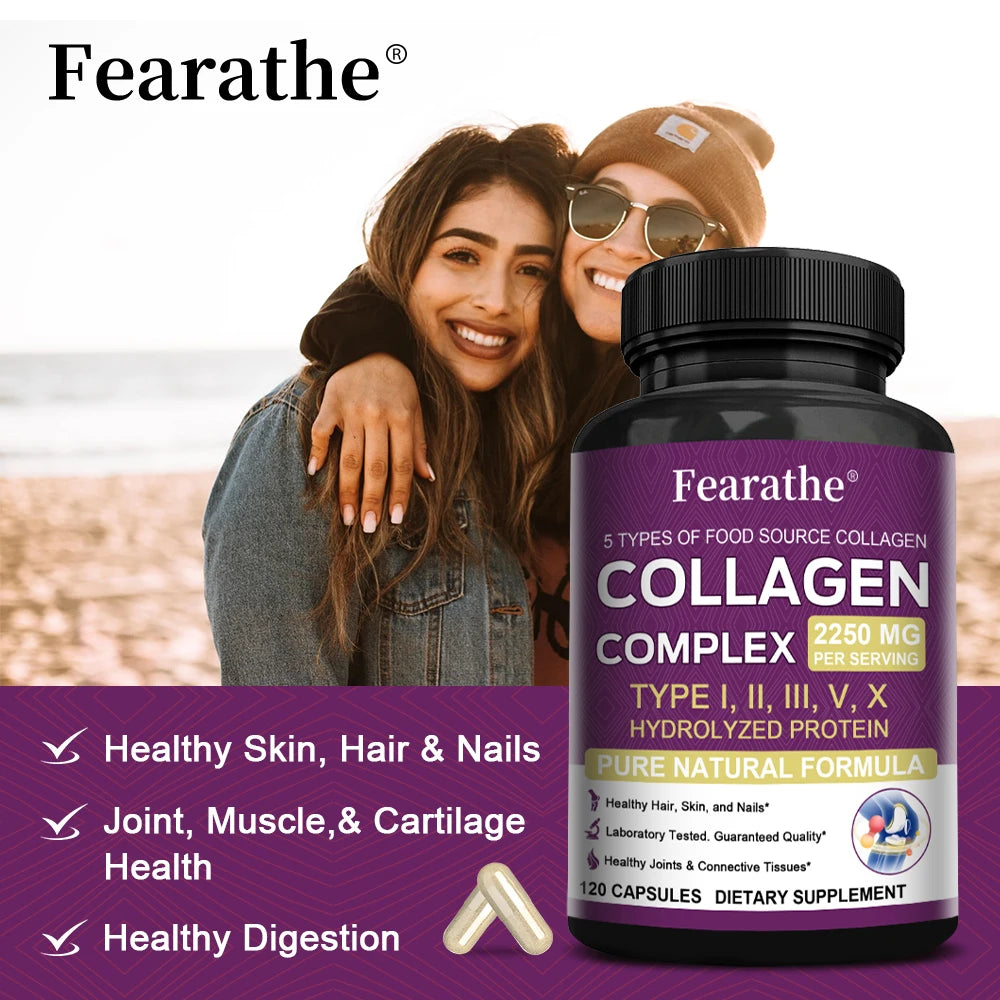 Multi-Collagen Capsules for Men and Women - Hydrolyzed Type I II III V X for Skin, Hair, Nails, Bones, Joints, Nutrition Peaceful Pleasures Health and Wellness