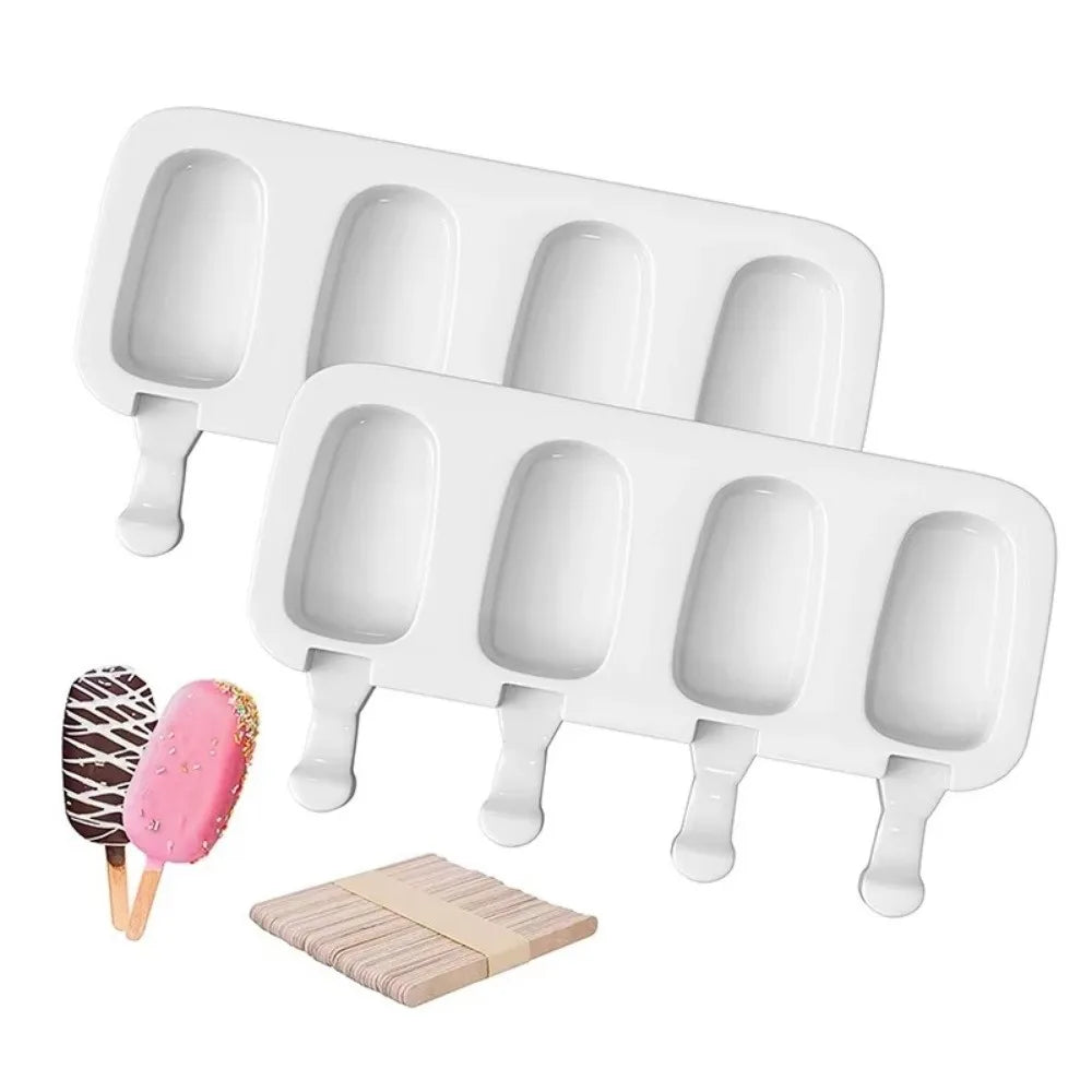 4-Cell Silicone Popsicle Mold | DIY Oval Ice Cream Tray + Sticks