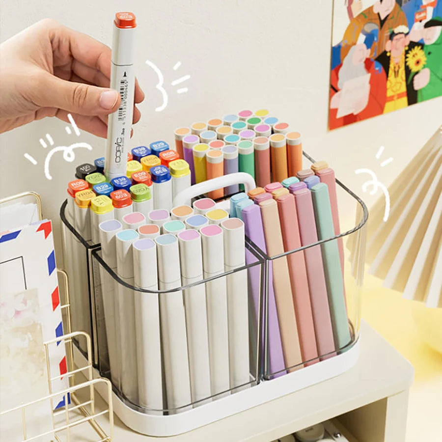 Portable Caddy with Handle – 4-Compartment Stackable Clear Organizer for Pens, Art Supplies & Crafts